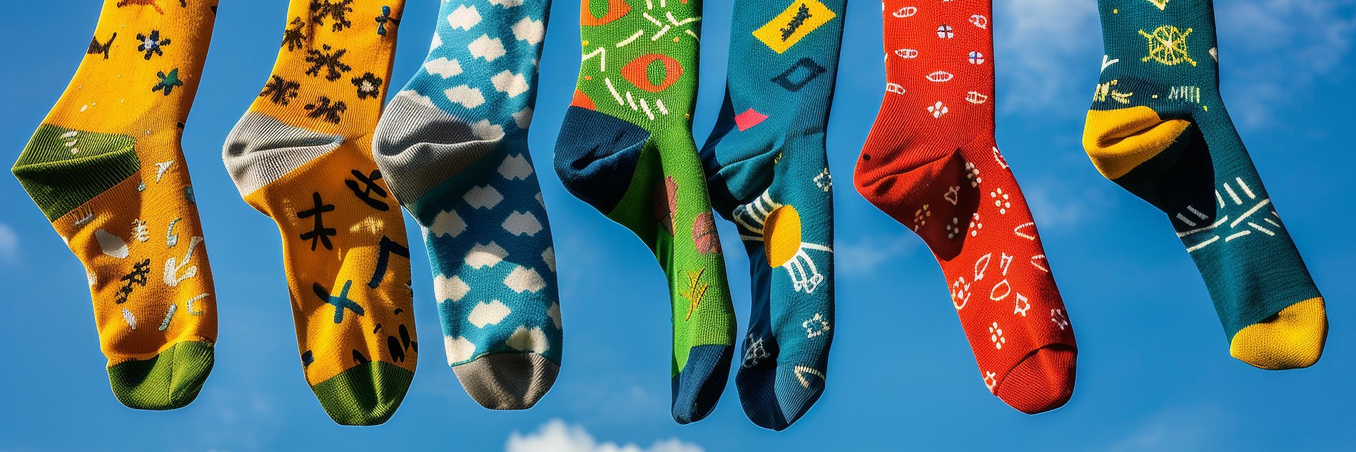 Bunte Socken hängen an einer Leine vor blauem Himmel