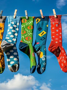 Bunte Socken hängen an einer Leine vor blauem Himmel